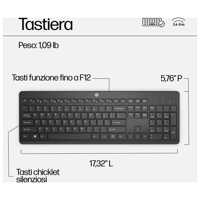 HP 3L1F0AA 230 Kit Tastiera e Mouse Wireless Full Size RF 2.4 GHz Mouse 1600 DPI colore Bianco