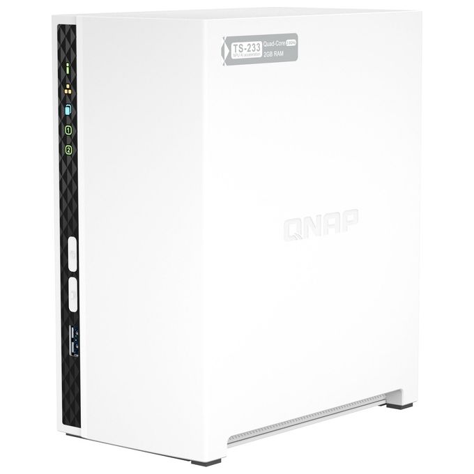 Qnap TS-233 NAS Tower ARM Cortex-A55 Quad-Core 2 GHz 2 GB RAM SATA HDD SSD QTS 5.0 colore Bianco