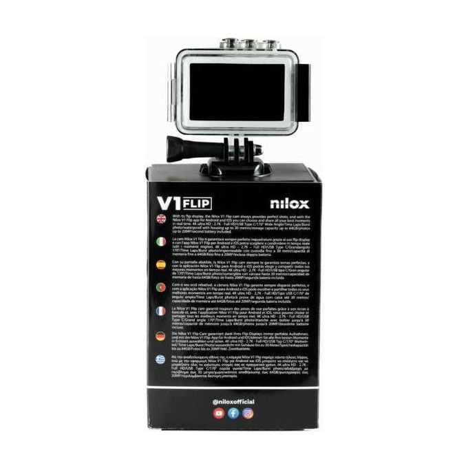 Nilox NXACV1FLIP01 V1 FLIP Fotocamera per Sport d'Azione 4K Ultra HD 4 MP CMOS Display LCD 2'' Flip-Out Custodia Impermeabile 30 m Batteria Doppia colore Nero