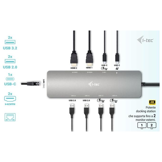 I-tec C31NANOHDM2DOCPD USB-C Metal Nano 2x Display Docking Station + Power Delivery 100 W 2 HDMI 2 USB 3.2 2 USB 2.0 USB-C Gigabit Ethernet colore Argento