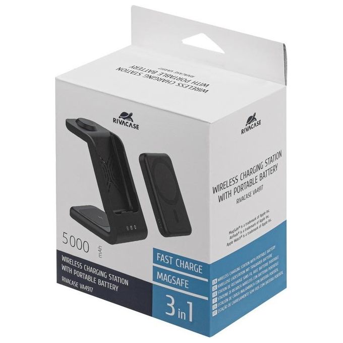 Rivacase VA4917 Caricabatterie Wireless Qi 3 in 1 MagSafe 15W Power Bank 5000 mAh Ricarica Rapida QC PD 20W colore Nero