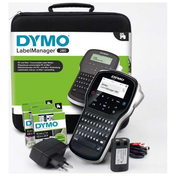 Dymo 2091152 LabelManager 280 Kit Etichettatrice Portatile Ricaricabile Tastiera QWERTY con Custodia e 2 Nastri D1 colore Nero