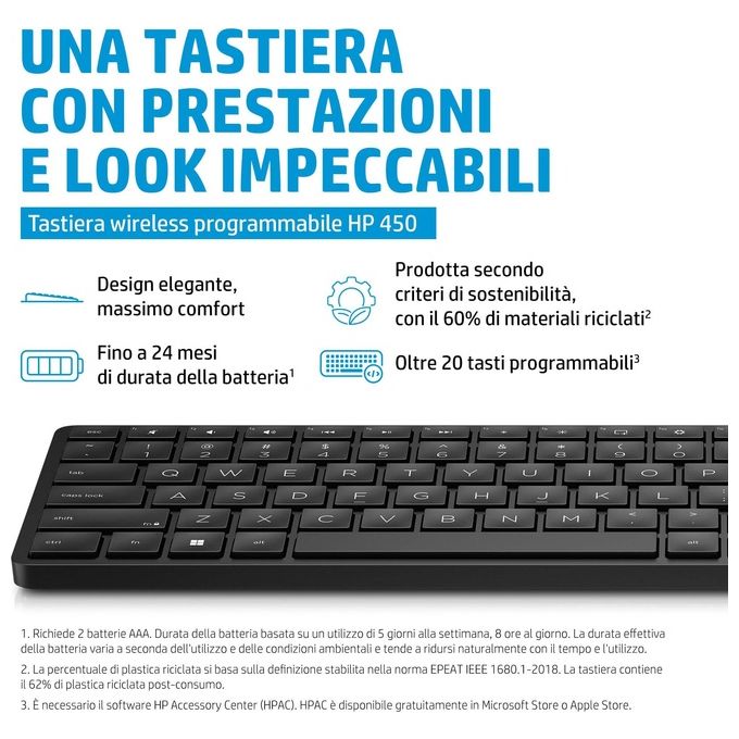 HP 4R184AA Tastiera Wireless Programmabile 450 Full-size RF USB 10m autonomia 20 mesi colore Nero