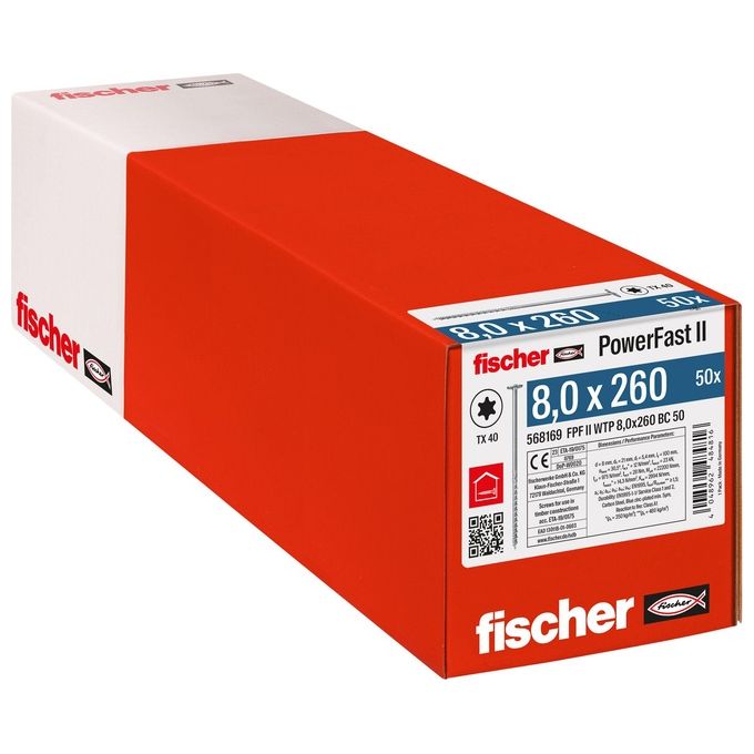 Fischer 568169 PowerFast FPF II WTP Vite per Costruzioni in Legno Diametro 8 mm Lunghezza 260 mm Filettatura Parziale Testa Flangiata Impronta TX40 Zincata Bianca colore Bianco