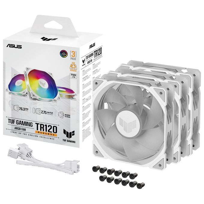 ASUS 90DA00D3-B09020 TUF GAMING TR120 ARGB REVERSE 3IN1 Ventola per Case Diametro 12 cm 2000 rpm 76,3 CFM 29 dB Illuminazione ARGB colore Bianco