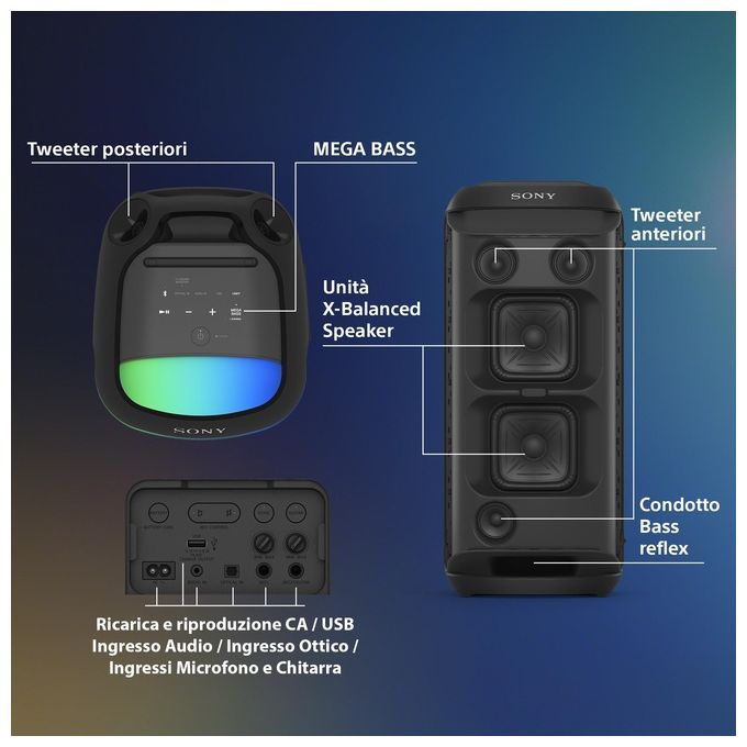 Sony SRSXV800B CEL Diffusore Portatile Wireless Party Suono 360° MEGA BASS TV Sound Booster Karaoke Luci Sincronizzate Batteria 25 Ore colore Nero