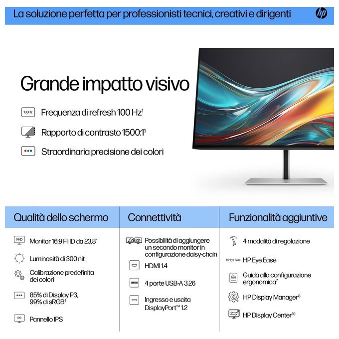 Hp Monitor Serie 7 pro 724pf 8x530aa 23.8' IPS Full HD 16:9 5ms 300cd-m2 Hdmi-2xdp-5usb Lift-swivel-pivot Vesa 100