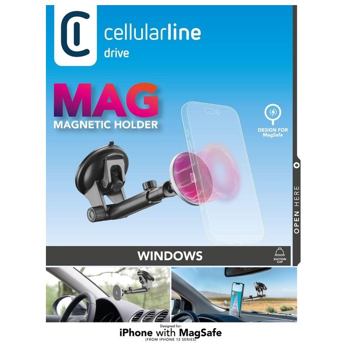 Cellularline MAGSFHOLDERWINDK Touch Mag Suction Cup Supporto Auto Smartphone Magnetico Compatibile con Apple MagSafe Rotazione 360° Ventosa Ad Alta Tenuta colore Nero