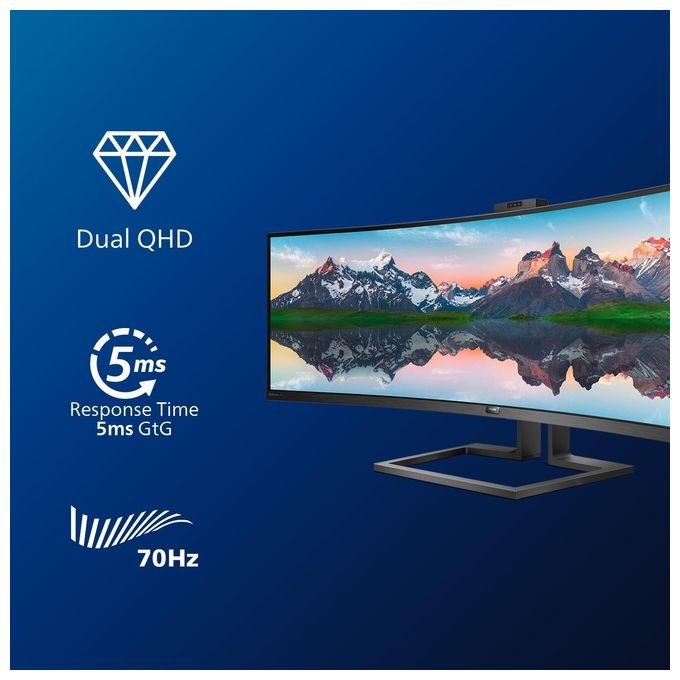 Philips Monitor Curvo 49'', 499P9H, Gaming Superwide 32:9, risoluzione 5120*1440, Adaptive Sync, HDR 400, Multiview con KVM Switch integrato, Docking station USB-C, Microfono, Low Blue, Vesa, Nero