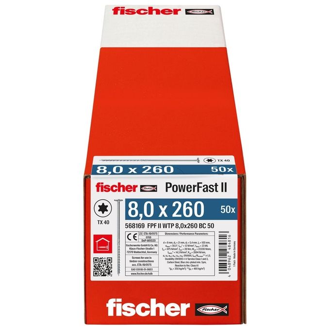 Fischer 568169 PowerFast FPF II WTP Vite per Costruzioni in Legno Diametro 8 mm Lunghezza 260 mm Filettatura Parziale Testa Flangiata Impronta TX40 Zincata Bianca colore Bianco