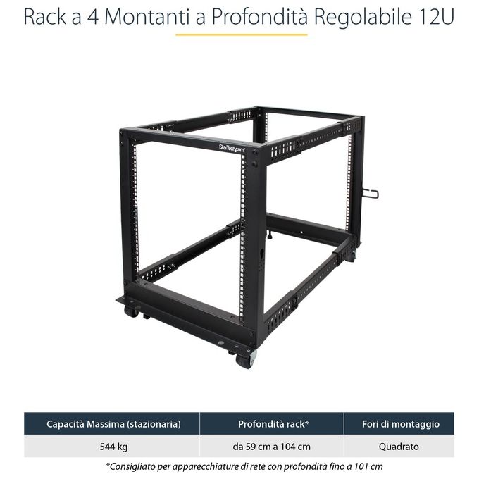 StarTech Armadio Server Rack con 4 staffe a Telaio Aperto 12U con profondita' regolabile