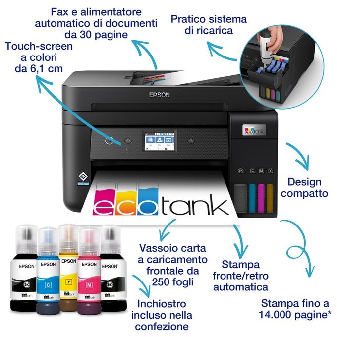 Epson ET-4800 EcoTank Stampante Multifunzione Inkjet A4 Stampa Copia Scansione Fax ADF Wi-Fi Ethernet AirPrint colore Nero