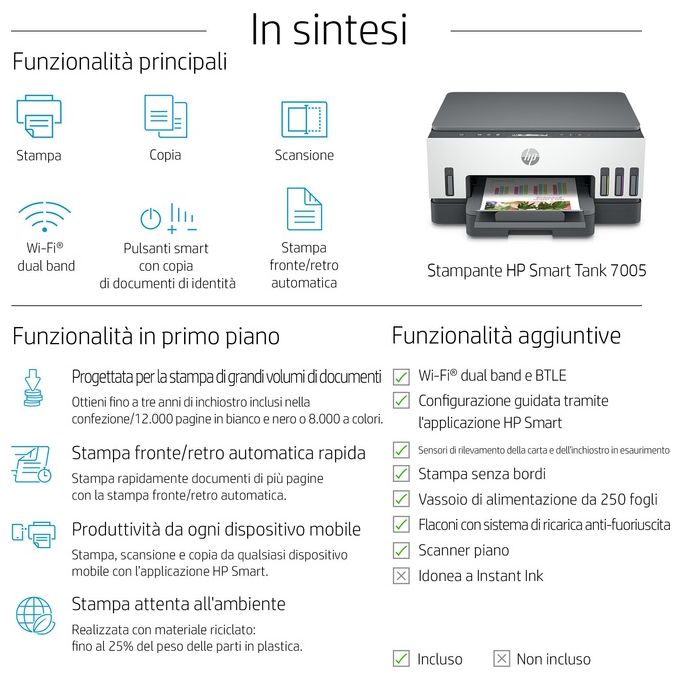 HP 28B54A Smart Tank Plus 7005 Stampante Multifunzione Inkjet A4 Wi-Fi Fronte Retro Automatica 12.000 pag Nero 8.000 pag Colore colore Bianco