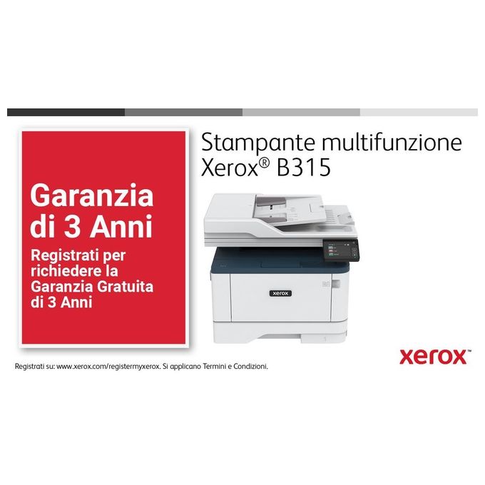Xerox B315V_DNI B315 Stampante Multifunzione Laser A4 Mono 40 ppm Copia Stampa Scansione Fax Fronte Retro Wi-Fi 2 Vassoi 350 Fogli colore Bianco