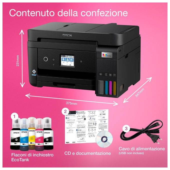 Epson ET-4800 EcoTank Stampante Multifunzione Inkjet A4 Stampa Copia Scansione Fax ADF Wi-Fi Ethernet AirPrint colore Nero