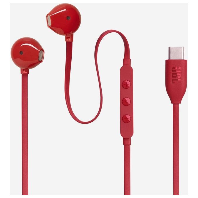 JBL Tune 305 C Auricolari USB-C ad Alta Risoluzione Audio con Cavo Piatto Antigroviglio Comando a 3 Tasti Bassi Profondi Pure Bass Rosso
