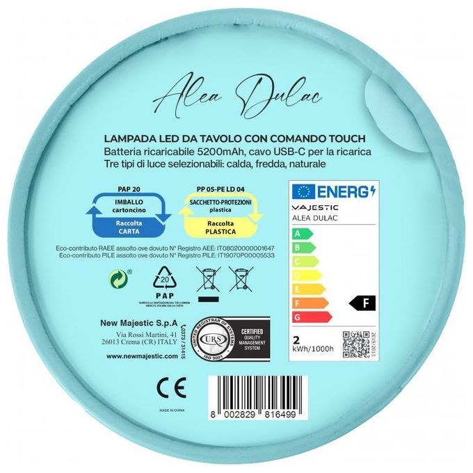 Majestic 120454 FL Lampada da Tavolo Ricaricabile Touch Luce LED Alea Dulac FL