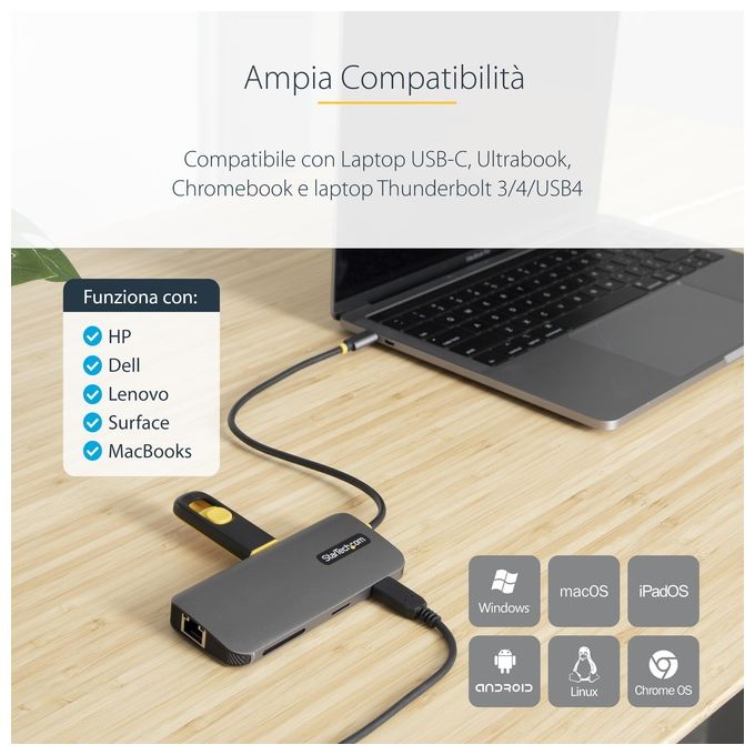 StarTech 115B-USBC-MULTIPORT Hub USB-C 8in1 HDMI 4K 60Hz 3x USB-A 5Gbps GbE SD MicroSD PD 100W cavo 30cm colore Grigio
