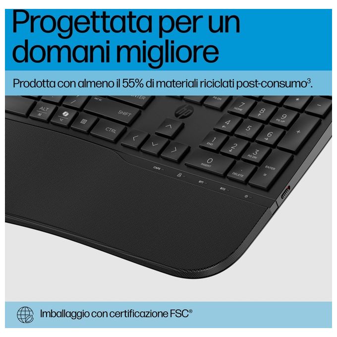 HP 8T6L9UT Tastiera HP 685 Comfort Dual-Mode Wireless Full-size con Connessione RF e Bluetooth Tasti Silenziosi Programmabili Poggiapolsi Incluso colore Nero