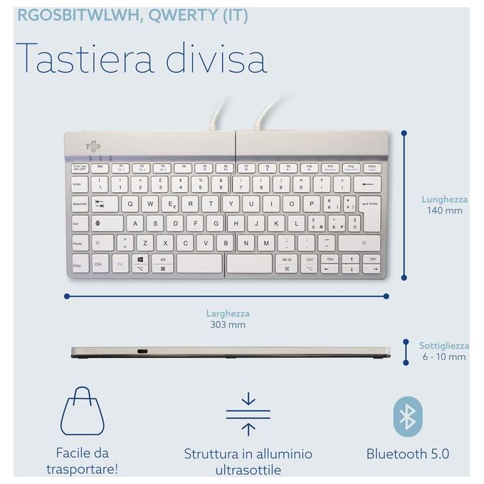R-Go Tools RGOSBITWLWH Tastiera ergonomica split Bluetooth QWERTY italiano 60 tasti meccanismo a forbice software pausa integrato colore Bianco
