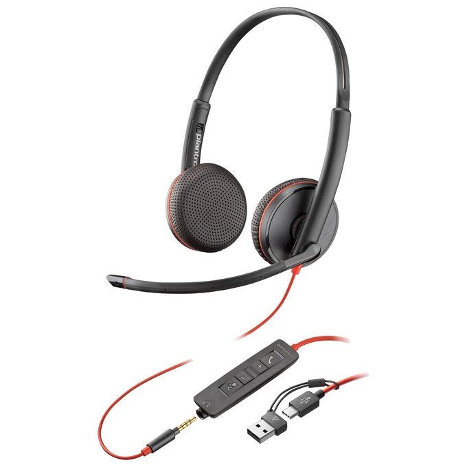 Poly 8X229AA Blackwire 3225 Cuffie stereo con connettore USB-C e 3,5 mm con adattatore USB-C-A colore Nero