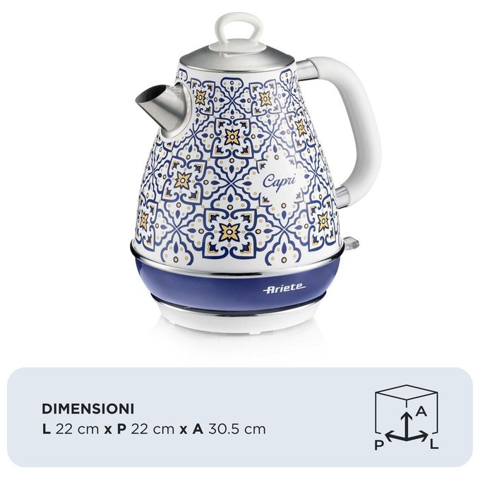 Ariete 2869 Capri Bollitore Elettrico 1.7 L 2200 W Base Cordless 360° Autospegnimento Filtro Anticalcare colore Bianco Azzurro