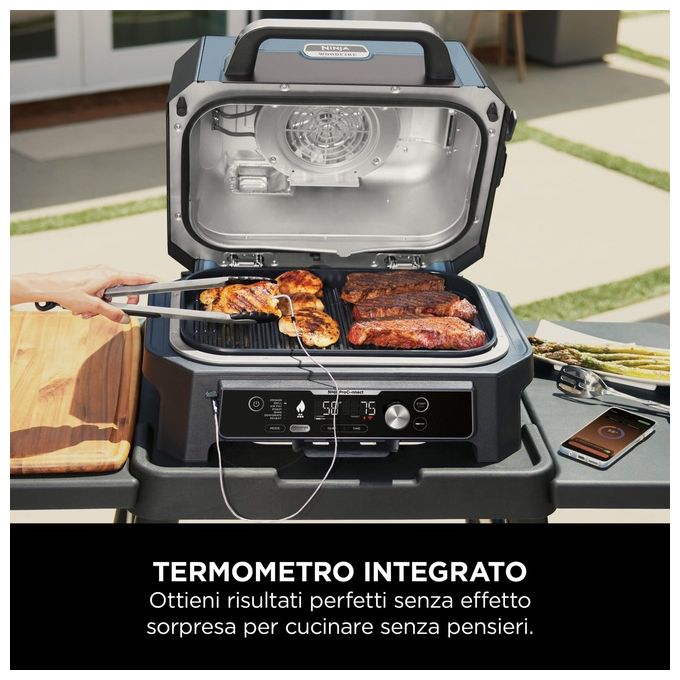 Ninja OG901EU Woodfire Pro Connect XL Barbecue Elettrico 7 in 1 Griglia Affumicatore Friggitrice ad Aria 1700W App Wi-Fi IPX4 colore Nero