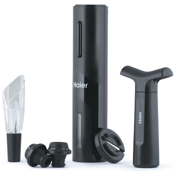 Haier HAWUKIT06 Set da Vino Elettrico 6 in 1 Ricaricabile USB Apribottiglie Aeratore Tagliacapsule Pompetta Sottovuoto 2 Tappi colore Nero