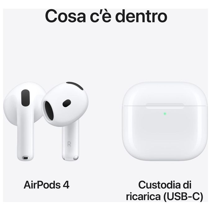 Apple MXP63ZM-A AirPods 4 Auricolari In-ear Bluetooth 5.3 Chip H2 Audio Spaziale IP54 USB-C autonomia 30h colore Bianco