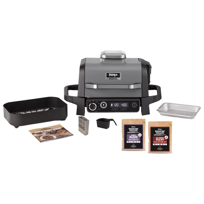 Ninja OG701EU Woodfire Barbecue Elettrico Affumicatore e Friggitrice ad Aria 7 in 1 2400 W colore Grigio Nero