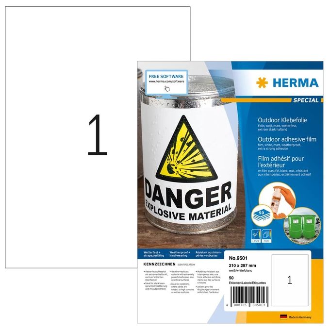 HERMA 9501 Special Film Adesivo Outdoor A4 Etichetta Autoadesiva Permanente Extra Forte Resistente alle Intemperie 210 x 297 mm colore Bianco