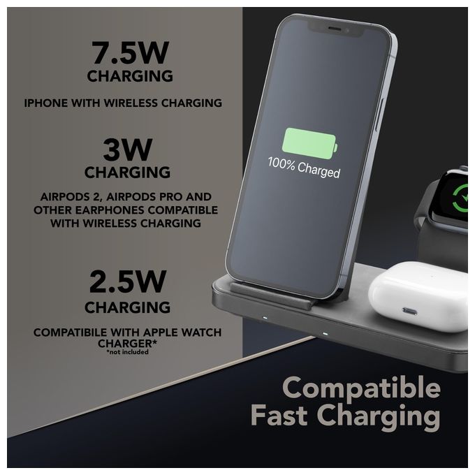 Cellularline WIRELESS3IN1IPHK Trio Wireless Charger Supporto di Ricarica Wireless 3in1 per iPhone Apple Watch AirPods 7.5W colore Nero