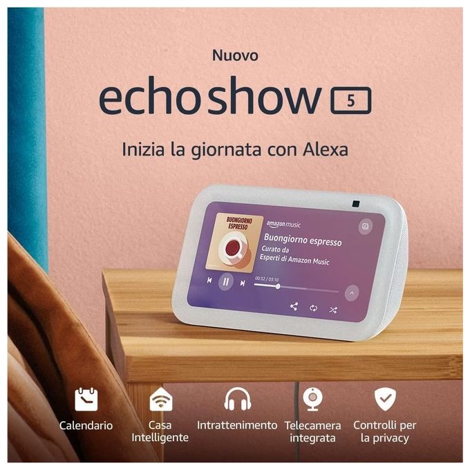Amazon H97N6S Echo Show 5 3a Generazione Smart Display Touch 5.5'' Alexa Videocamera 2 MP Wi-Fi Bluetooth colore Bianco