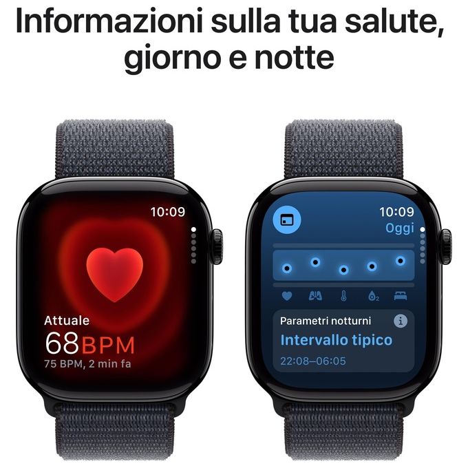 Apple MWWR3QL-A Apple Watch Series 10 Smartwatch GPS 46 mm Display Retina always-on Fitness tracker ECG Resistente all'acqua fino a 50 m Ricarica rapida 80% in 30 minuti colore Jet Black