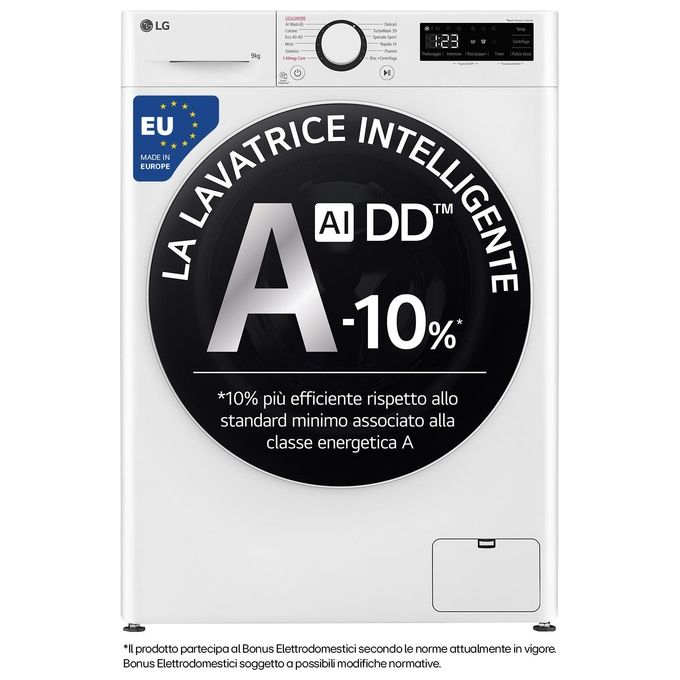 LG F4R5009TSWW - Lavatrice Libera Installazione 9 kg, Classe A-10%, Centrifuga 1400 giri-min, AI DD + TurboWash + Vapore, (85 × 60 × 56 cm), Bianco