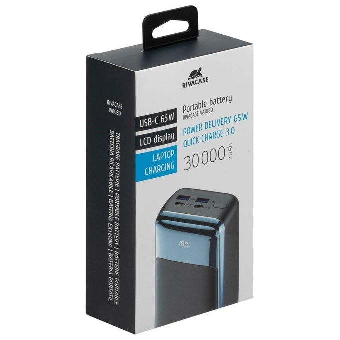 Rivacase VA1080 Powerbank 30000 mAh 65W Power Delivery QC3.0 4 porte Display LCD colore Nero Blu