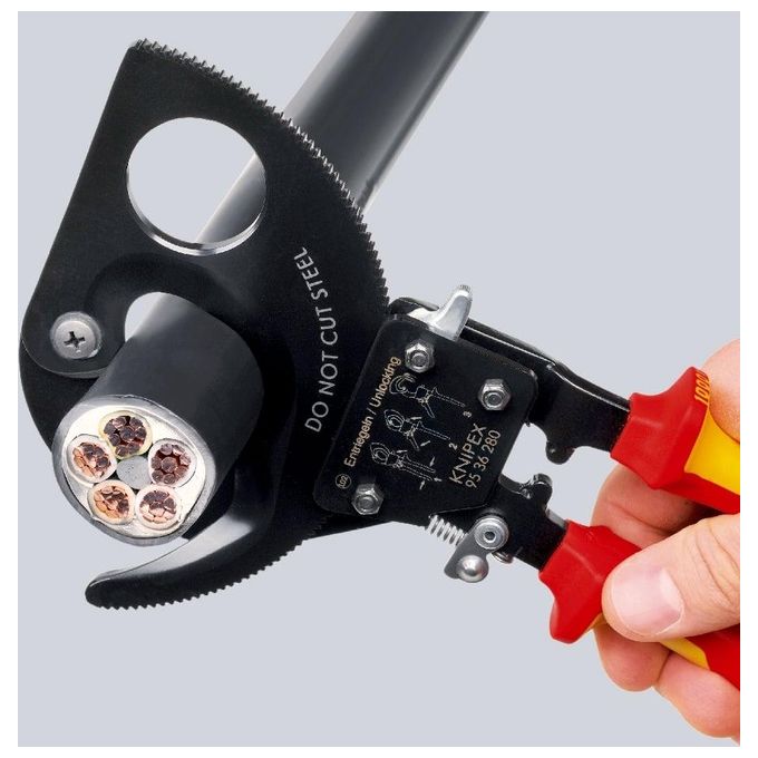 KNIPEX 95 36 280 Cesoia a Cremagliera per Cavi in Rame e Alluminio fino a 380 mm² e 52 mm Ø con Sistema a Cricchetto VDE colore Nero