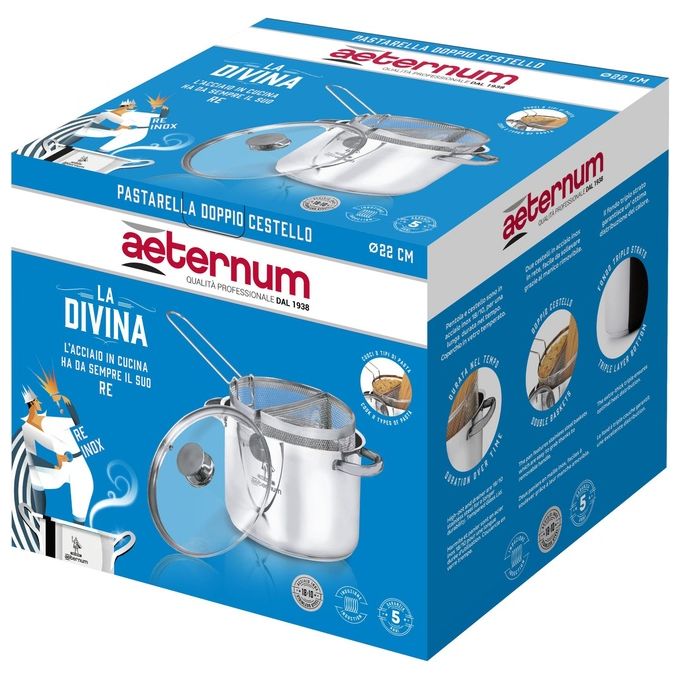 Aeternum Y0DVPSD220 La Divina Reinox Cuoci Pasta con Doppio Cestello in Acciaio 22 cm Capacita' 4,3 L Adatto a Tutti i Piani di Cottura incluso Induzione Lavabile in Lavastoviglie colore Acciaio Satinato