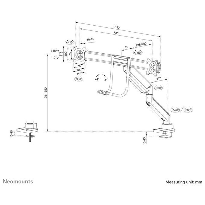 Neomounts DS75-450BL2 Braccio per Monitor 2 Schermi 17-32'' Regolabile Altezza Profondita' Rotazione 360° con Molla a Gas e Blocco 180° colore Nero
