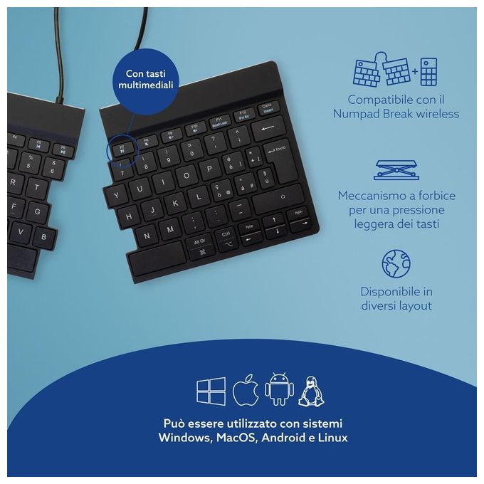 R Go Tools RGOSBITWLBL R-Go Split Break Tastiera ergonomica split Bluetooth 5.0 QWERTY Italiano con software pause LED e design ripiegabile colore Nero