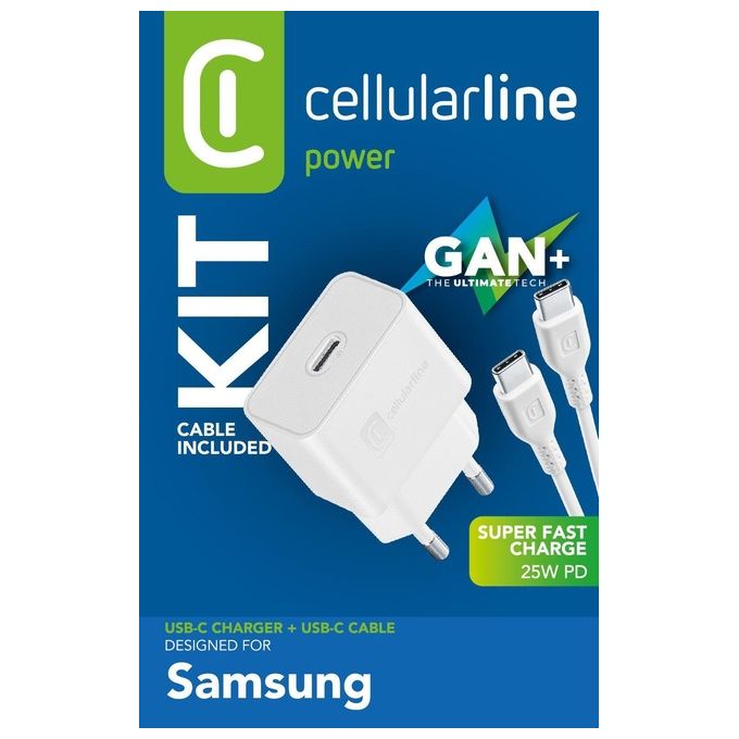 Cellularline ACHSMKITC2CPD25WW Caricabatterie da Rete Kit Super Fast Charge PD 25W Samsung USB-C con cavo USB-C a USB-C 1m colore Bianco