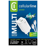 Cellularline ACHKITGAN100WTABW Multipower Kit Caricabatterie da Rete GaN 100W 3 Porte USB-C USB-A con Cavo USB-C 5A 100cm colore Bianco