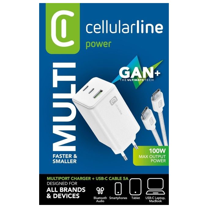 Cellularline ACHKITGAN100WTABW Multipower Kit Caricabatterie da Rete GaN 100W 3 Porte USB-C USB-A con Cavo USB-C 5A 100cm colore Bianco