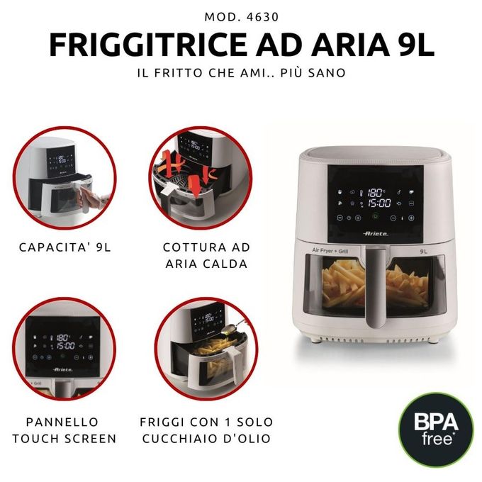 Ariete 4630 Friggitrice ad aria 9L 1500W 8 programmi Touch Screen Funzione Grill colore Bianco