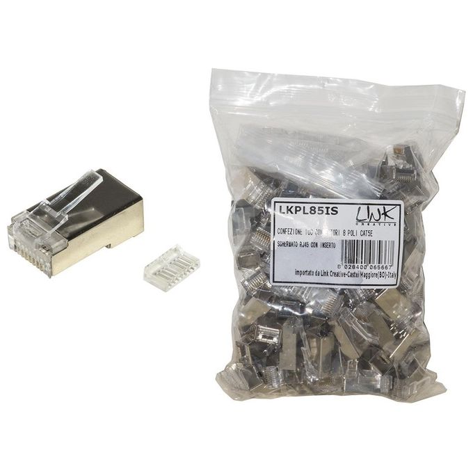 Link confezione 100 connettori 8 poli cat 6 schermato rj45 con inserto per cavo flessibile