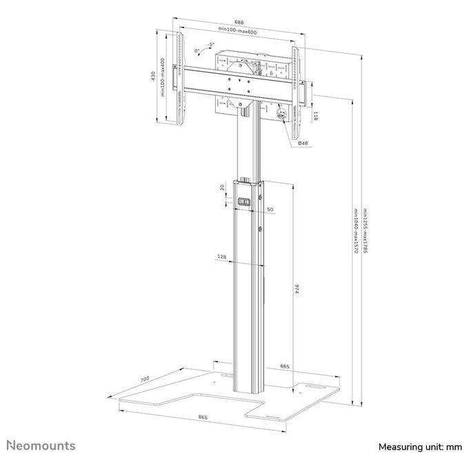 Neomounts FL45S-825BL1 Supporto da pavimento per TV 37-75'' Regolabile in Altezza 104-157 cm con Gestione Cavi e Piastra di Sicurezza colore Nero