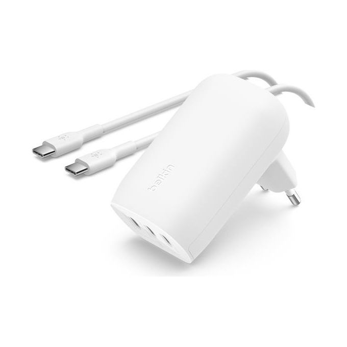 Belkin WCC002VF2MWH-B6 Caricabatteria BoostCharge da Parete 3 Porte USB-C 67W con PPS Ricarica Rapida per Smartphone e Laptop colore Bianco