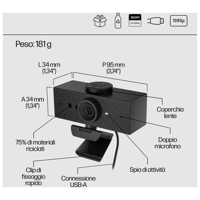 HP 6Y7L2AA#ABB Webcam FHD 620 Risoluzione 1920 x 1080 Pixel 60 fps Microfono Incorporato Colore Nero