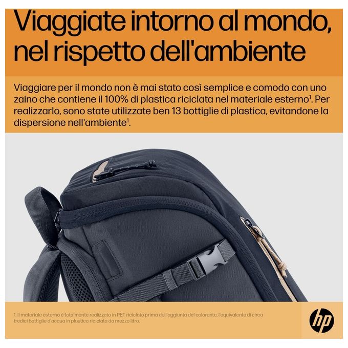 HP 6B8U4AA Zaino Travel 25 L per Laptop fino a 15'' con Comparto Imbottito Espandibile e Materiale Riciclato colore Grigio Siderurgico
