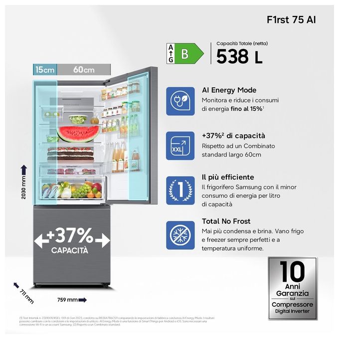 Samsung RB53DG706BS9EF Frigorifero Combinato 538 L 203 cm Classe B 35 dB Total No Frost Twin Cooling Wi-Fi SpaceMax (203x75x71 cm) colore Acciaio Inox
